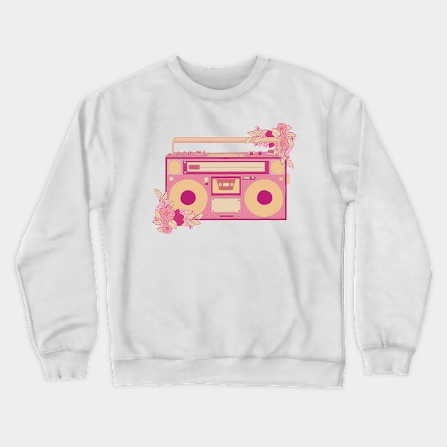 Vintage retro kawaii cassette portable media player radio stereo sticker pink and green with flowers Crewneck Sweatshirt by astronauticarte